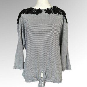 Elle Knit Top Black/White Striped Crochet Trim ,Tie Waist  Size L